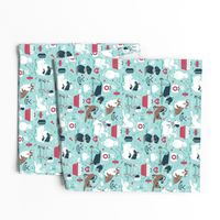 Small scale // VET medicine happy and healthy friends // aqua background red details navy blue white and brown cats dogs and other animals