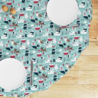 Small scale // VET medicine happy and healthy friends // aqua background red details navy blue white and brown cats dogs and other animals