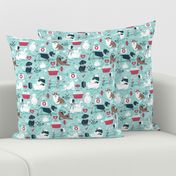 Small scale // VET medicine happy and healthy friends // aqua background red details navy blue white and brown cats dogs and other animals