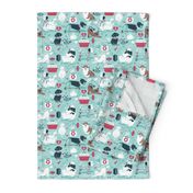 Small scale // VET medicine happy and healthy friends // aqua background red details navy blue white and brown cats dogs and other animals