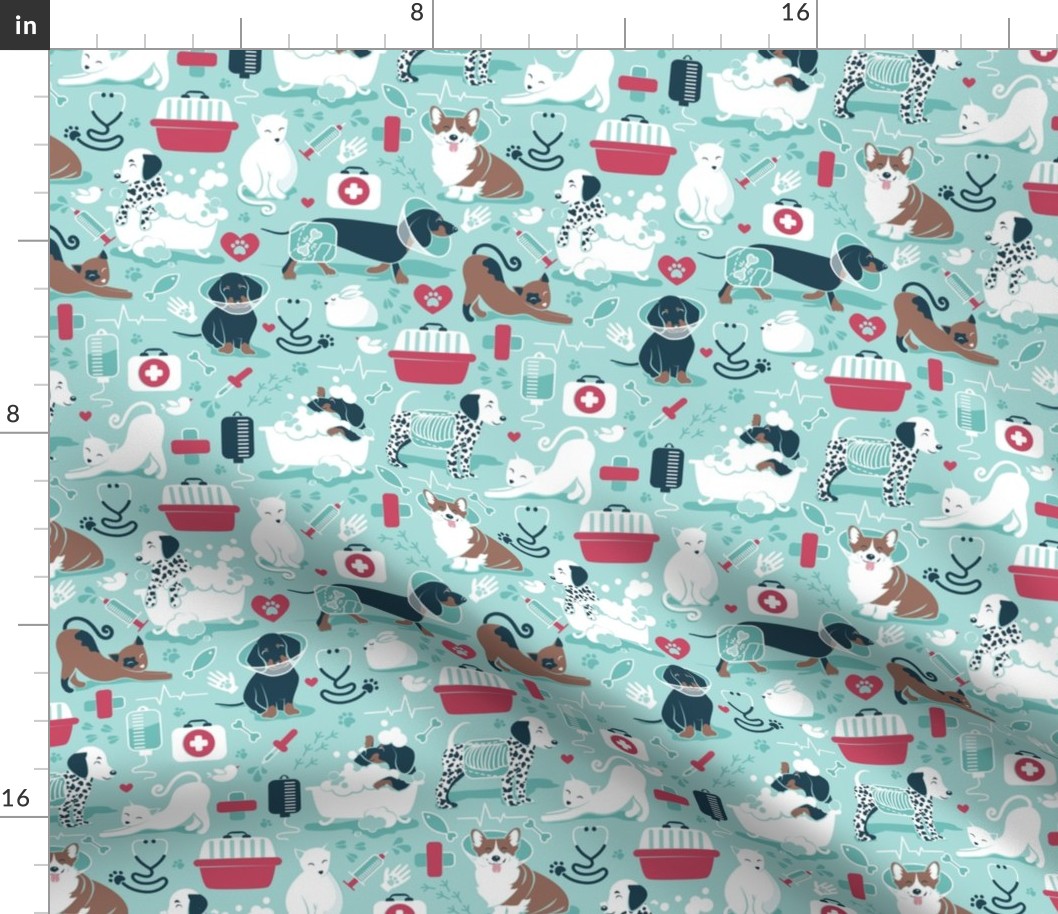 Small scale // VET medicine happy and healthy friends // aqua background red details navy blue white and brown cats dogs and other animals