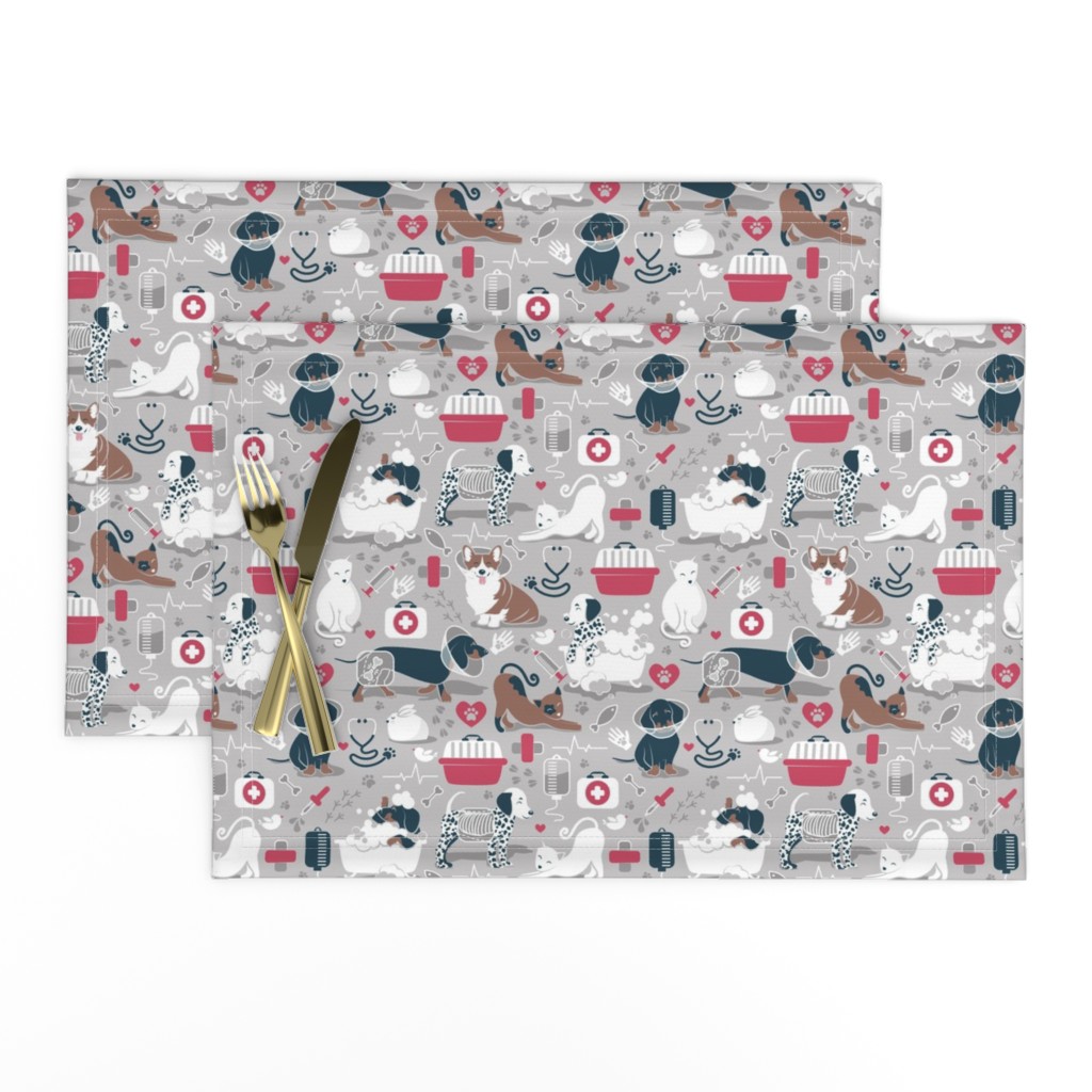Small scale // VET medicine happy and healthy friends // grey background red details navy blue white and brown cats dogs and other animals