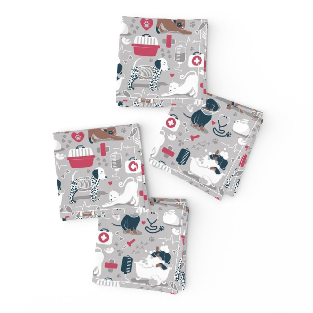 Small scale // VET medicine happy and healthy friends // grey background red details navy blue white and brown cats dogs and other animals