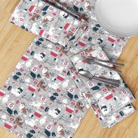 Small scale // VET medicine happy and healthy friends // grey background red details navy blue white and brown cats dogs and other animals