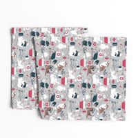 Small scale // VET medicine happy and healthy friends // grey background red details navy blue white and brown cats dogs and other animals