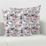 Small scale // VET medicine happy and healthy friends // grey background red details navy blue white and brown cats dogs and other animals