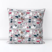 Small scale // VET medicine happy and healthy friends // grey background red details navy blue white and brown cats dogs and other animals