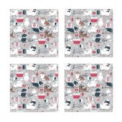 Small scale // VET medicine happy and healthy friends // grey background red details navy blue white and brown cats dogs and other animals