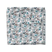 Small scale // VET medicine happy and healthy friends // grey background turquoise details navy blue white and brown cats dogs and other animals