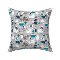 Small scale // VET medicine happy and healthy friends // grey background turquoise details navy blue white and brown cats dogs and other animals