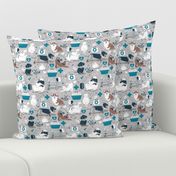 Small scale // VET medicine happy and healthy friends // grey background turquoise details navy blue white and brown cats dogs and other animals
