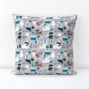 Small scale // VET medicine happy and healthy friends // grey background turquoise details navy blue white and brown cats dogs and other animals