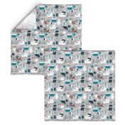 Small scale // VET medicine happy and healthy friends // grey background turquoise details navy blue white and brown cats dogs and other animals