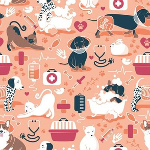 Small scale // VET medicine happy and healthy friends // flesh background red details navy blue white and brown cats dogs and other animals