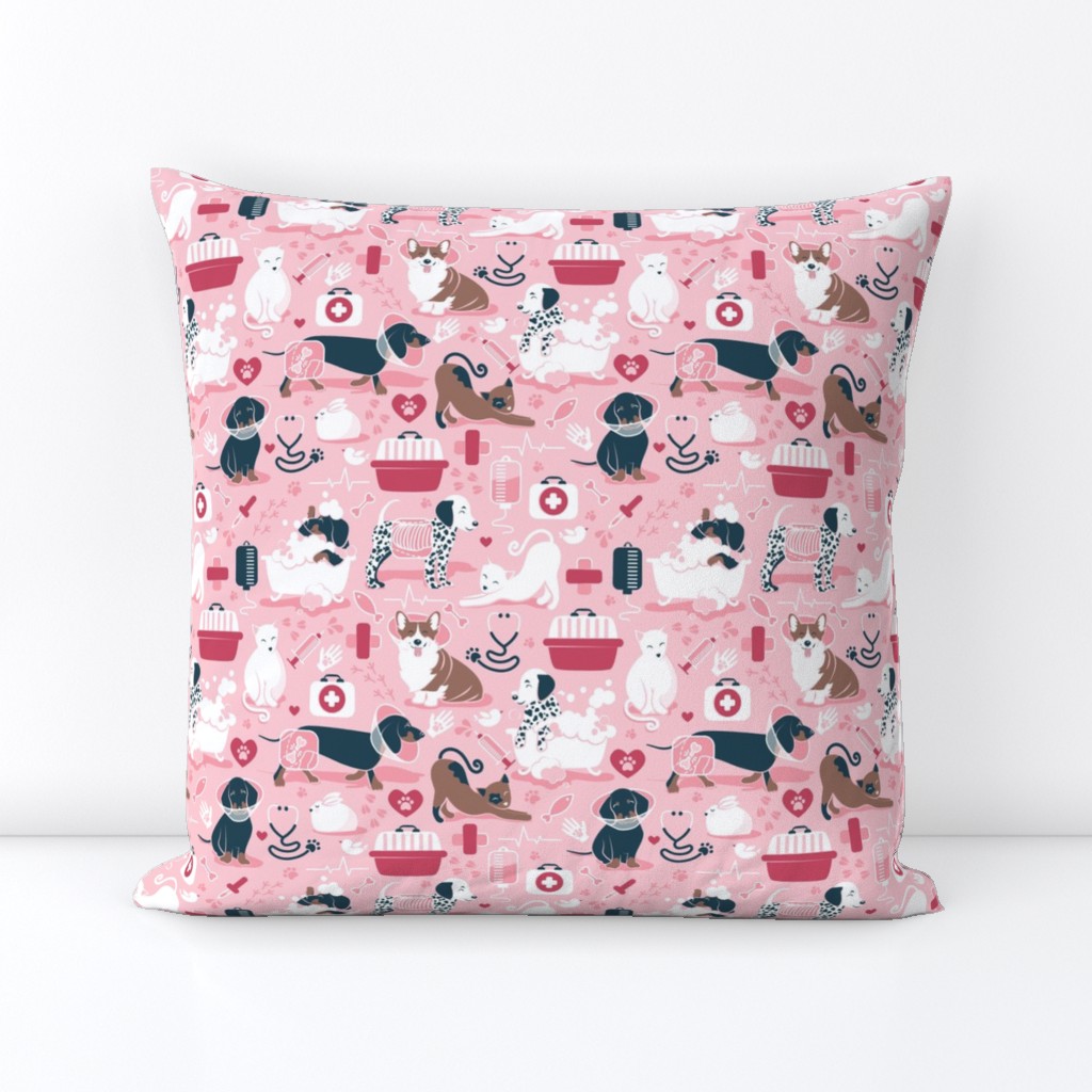 Small scale // VET medicine happy and healthy friends // pink background red details navy blue white and brown cats dogs and other animals