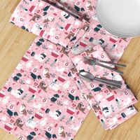 Small scale // VET medicine happy and healthy friends // pink background red details navy blue white and brown cats dogs and other animals