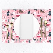 Small scale // VET medicine happy and healthy friends // pink background red details navy blue white and brown cats dogs and other animals