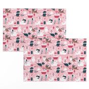 Small scale // VET medicine happy and healthy friends // pink background red details navy blue white and brown cats dogs and other animals