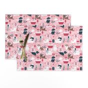 Small scale // VET medicine happy and healthy friends // pink background red details navy blue white and brown cats dogs and other animals