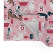 Small scale // VET medicine happy and healthy friends // pink background red details navy blue white and brown cats dogs and other animals