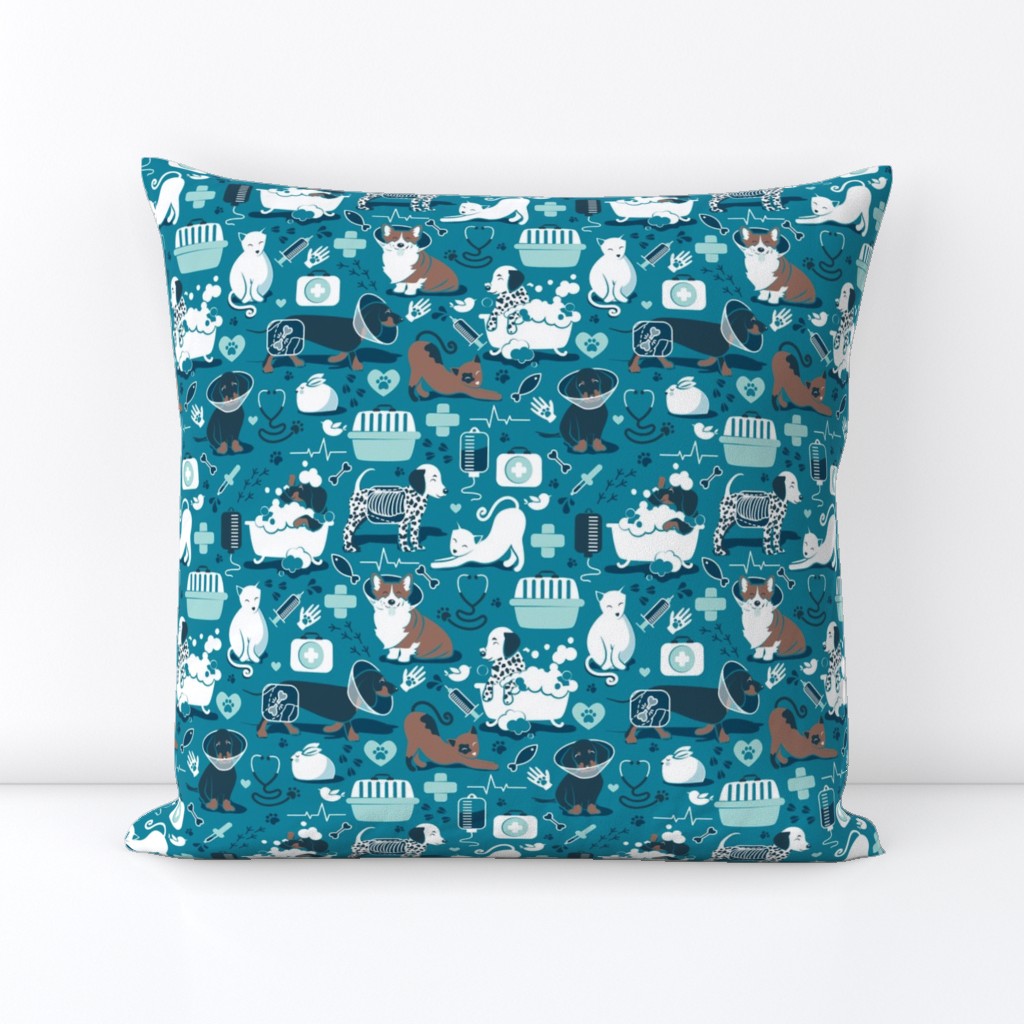 Small scale // VET medicine happy and healthy friends // turquoise background aqua details navy blue white and brown cats dogs and other animals