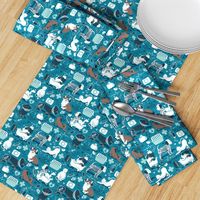 Small scale // VET medicine happy and healthy friends // turquoise background aqua details navy blue white and brown cats dogs and other animals