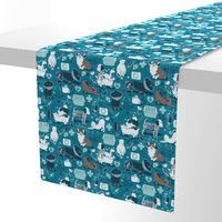 Small scale // VET medicine happy and healthy friends // turquoise background aqua details navy blue white and brown cats dogs and other animals