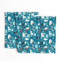 Small scale // VET medicine happy and healthy friends // turquoise background aqua details navy blue white and brown cats dogs and other animals