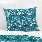 Small scale // VET medicine happy and healthy friends // turquoise background aqua details navy blue white and brown cats dogs and other animals