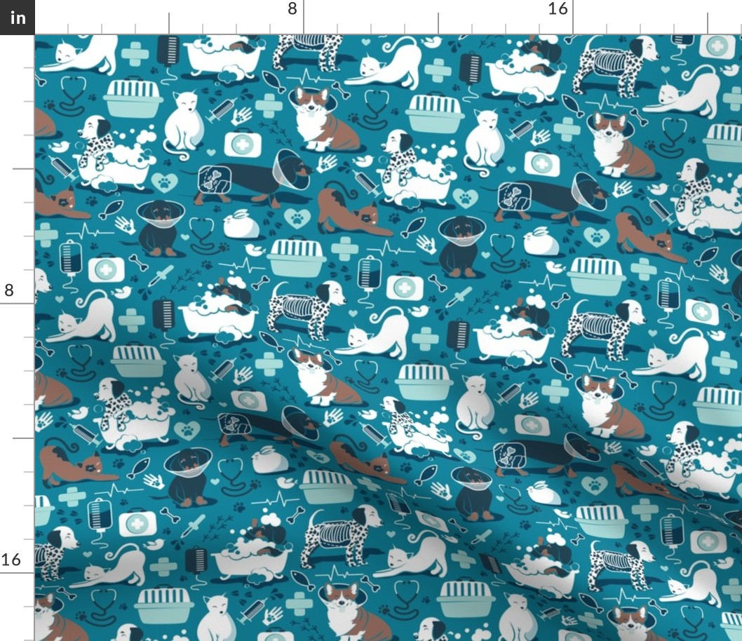 Small scale // VET medicine happy and healthy friends // turquoise background aqua details navy blue white and brown cats dogs and other animals