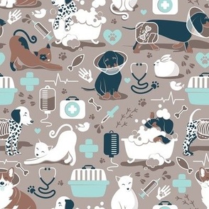 Small scale // VET medicine happy and healthy friends // brown background aqua details navy blue white and brown cats dogs and other animals 