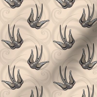 ★ SWALLOW TATTOO ★ Gray on Ecru, Small Scale (new version September 2020) / Collection : Swallows & Polka Dots – Rockabilly Prints
