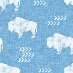 distressed buffalo on baby blue linen