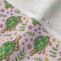 Tortoises and Flowers on Pale Pink - smaller version