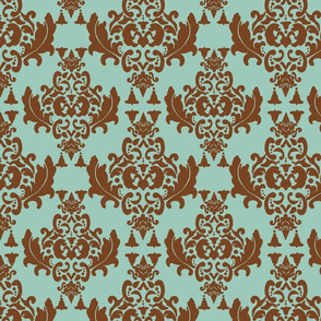 Delicious Damask- Brown on Spoonflower Green