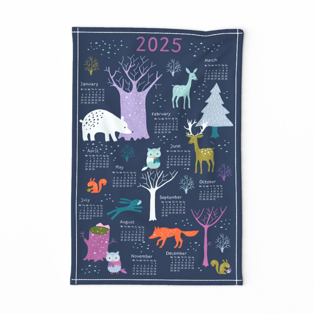 Winter Woodland at night tea towel calendar 2024