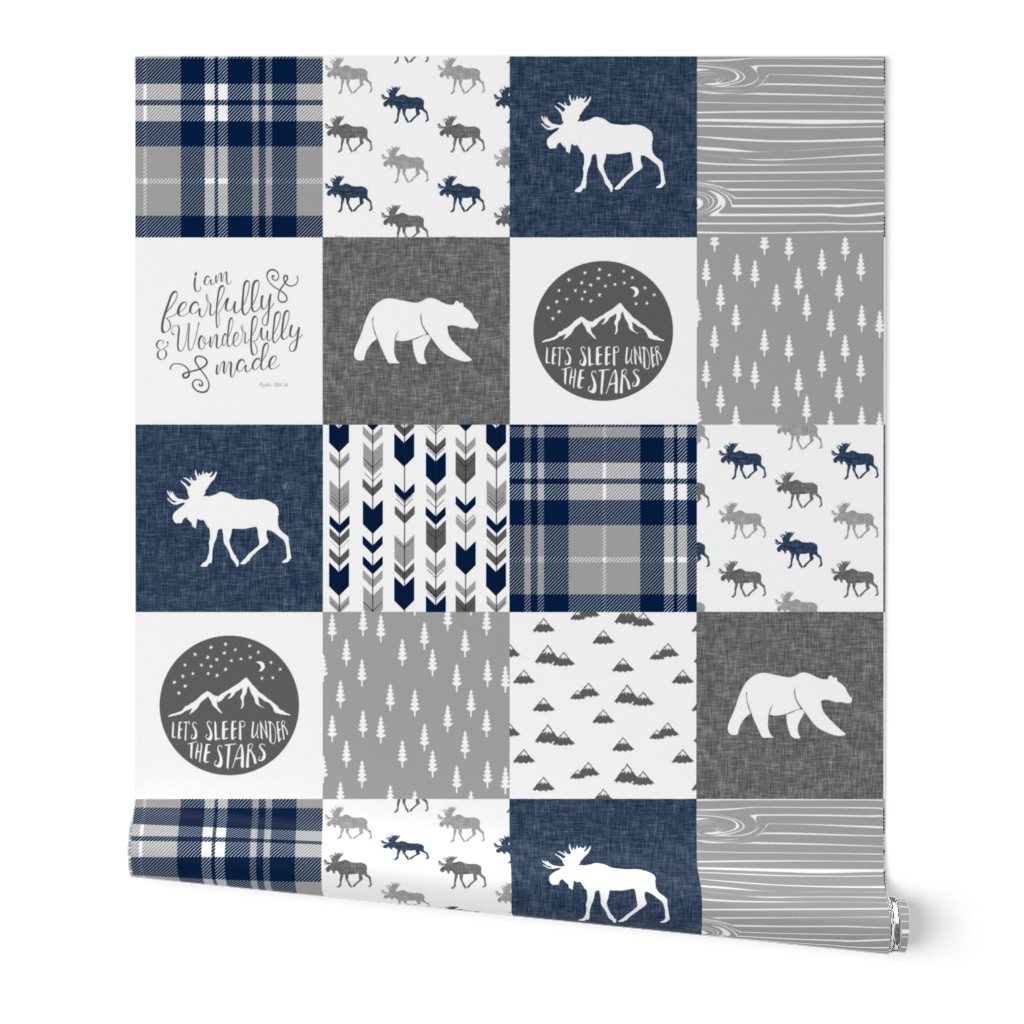 Navy and Grey Fearfully and Wonderfully Made  - Patchwork woodland quilt top 