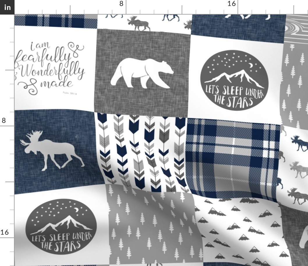 Navy and Grey Fearfully and Wonderfully Made  - Patchwork woodland quilt top 