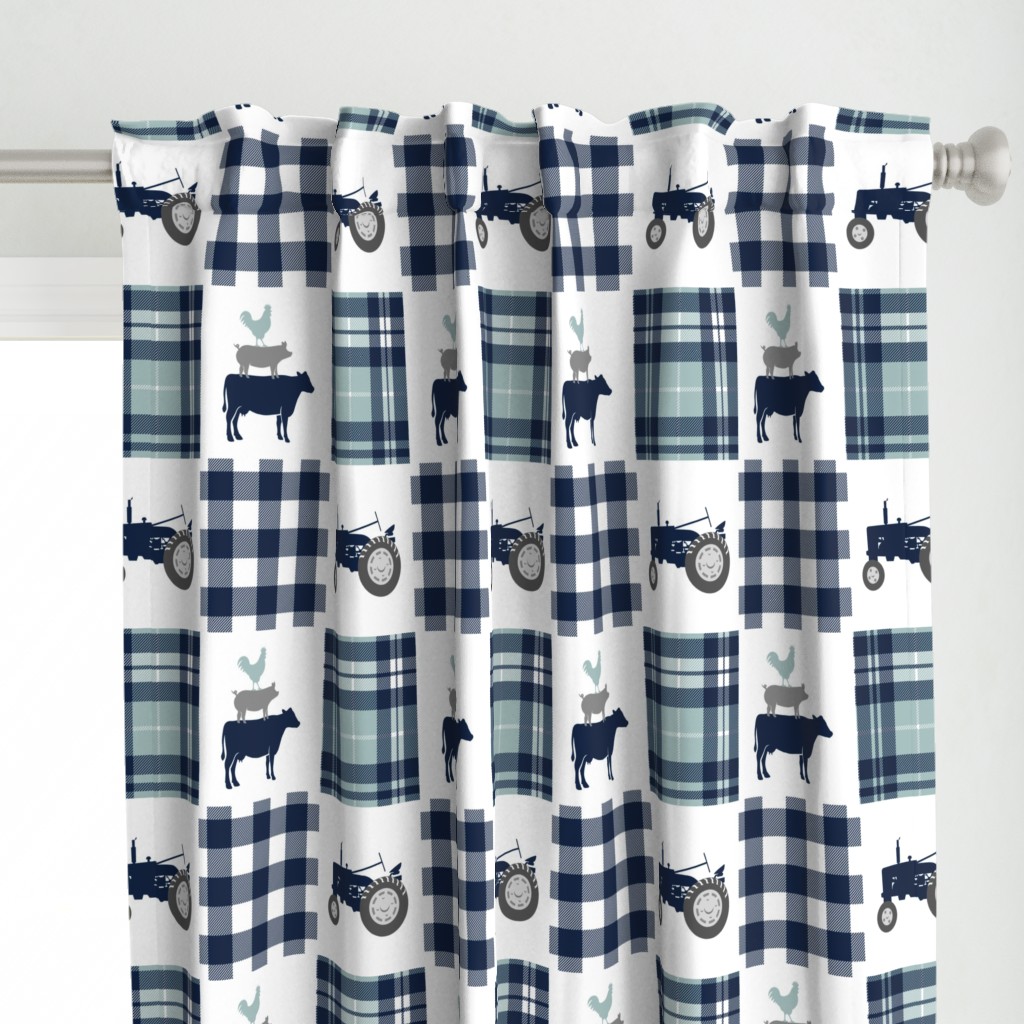 farm patchwork - navy and dusty blue - animal stack and tractors C18BS