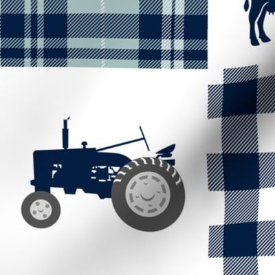 farm patchwork - navy and dusty blue - animal stack and tractors C18BS