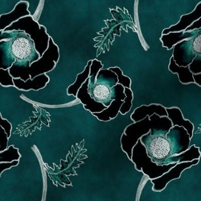 Line-work Poppy Inverted Dark Blue-Green Background