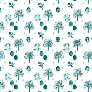 Scandinavian woodland forest fall watercolors illustration trees petrol teal SMALL