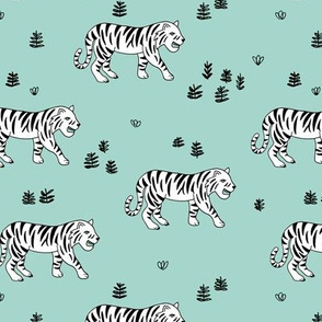 Jungle love tiger safari garden sweet hand drawn tigers pattern mint black and white