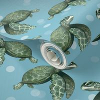 Quiet Sea Turtles on Blue with Bubbles - Larger Scale