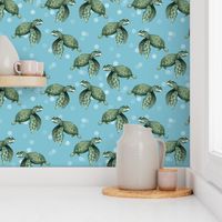 Quiet Sea Turtles on Blue with Bubbles - Larger Scale