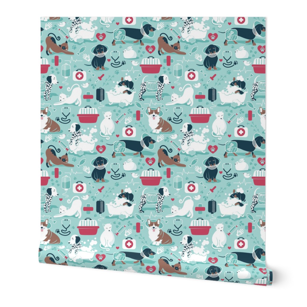 Normal scale // VET medicine happy and healthy friends // aqua background red details navy blue white and brown cats dogs and other animals