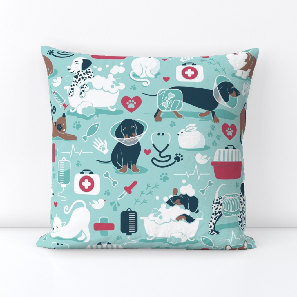 Normal scale // VET medicine happy and healthy friends // aqua background red details navy blue white and brown cats dogs and other animals