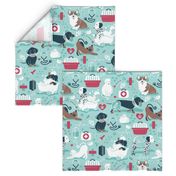 Normal scale // VET medicine happy and healthy friends // aqua background red details navy blue white and brown cats dogs and other animals