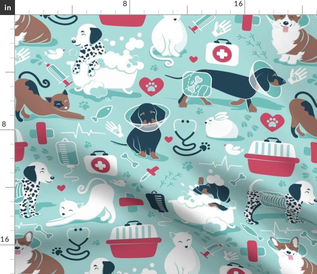 Normal scale // VET medicine happy and healthy friends // aqua background red details navy blue white and brown cats dogs and other animals