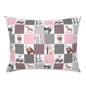 3" BLOCKS- Woodland Critters Patchwork Quilt - Bear Moose Fox Raccoon Wolf, Grey & Pink Design GingerLous